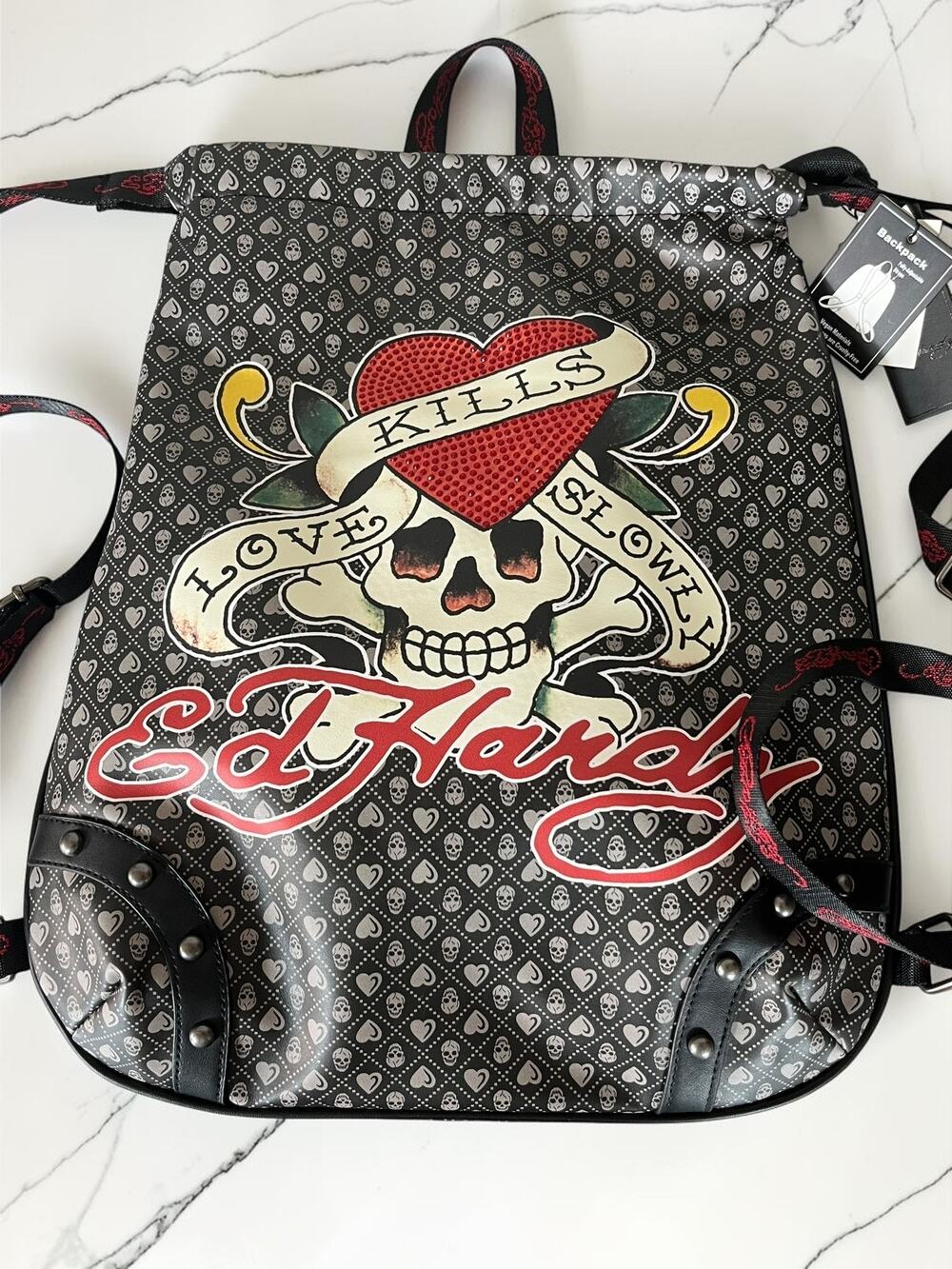 Ed Hardy Love Kills Slowly Skull Heart Backpack Black Gray Red NWT